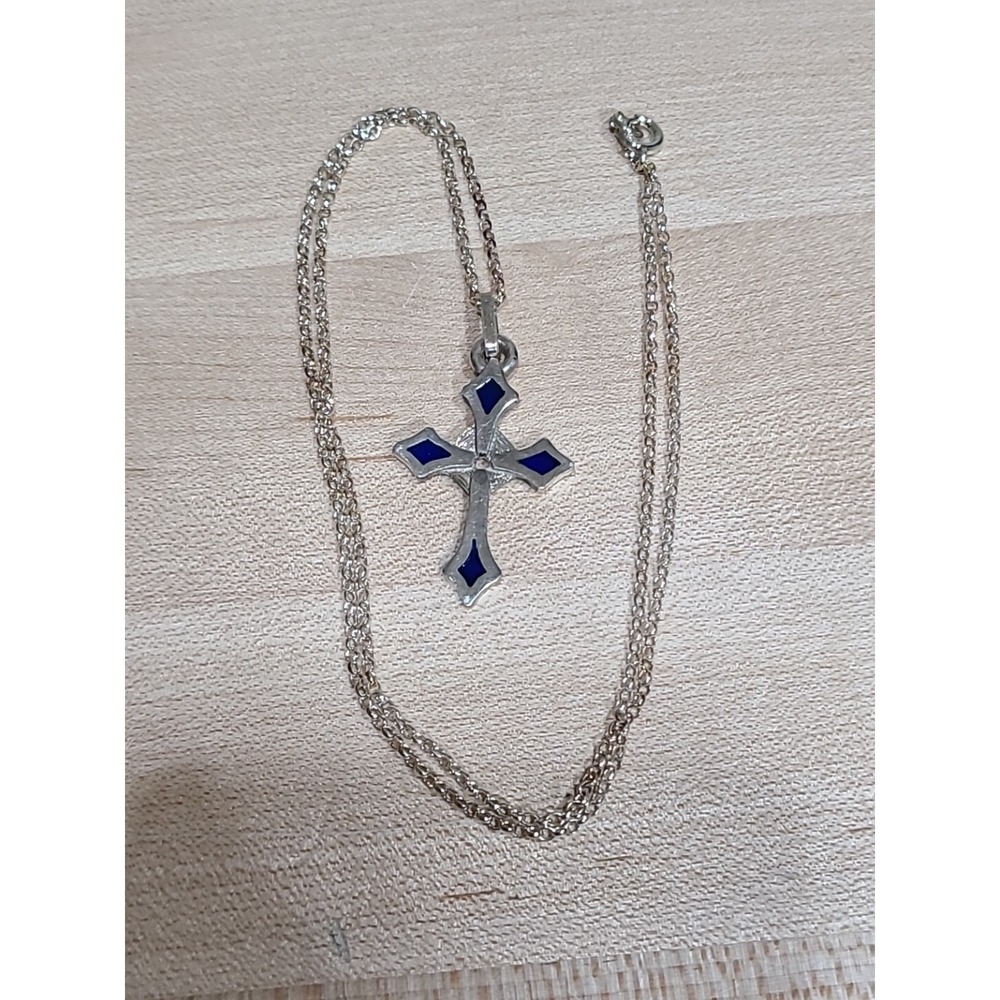 20" Chain STERLING SILVER CRUCIFIX CROSS ORNATE NECKLACE Blue Accents Stamped 5g
